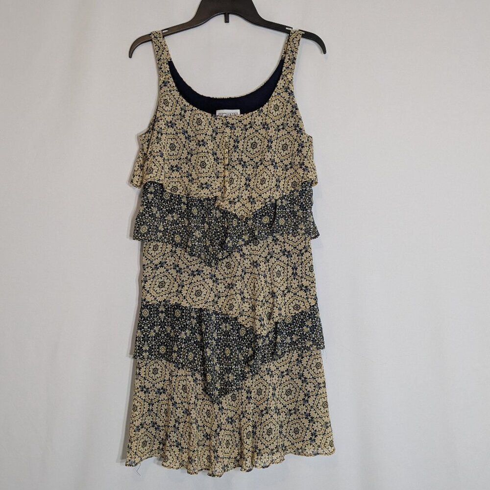 BETHANY Beige/Blue Patterned Sleeveless Ruffled Short Tank Dress; Size 8